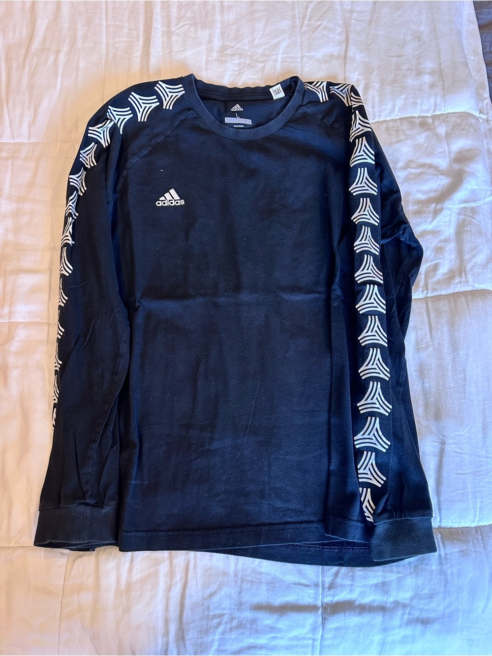 adidas Black Long-Sleeve Tee with White Logo and Sleeve Pattern
